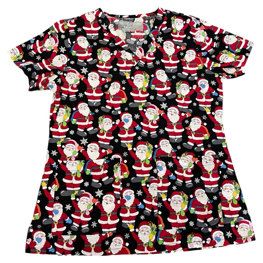 Med Couture Women's Black Santa Print Scrub Top. Size S